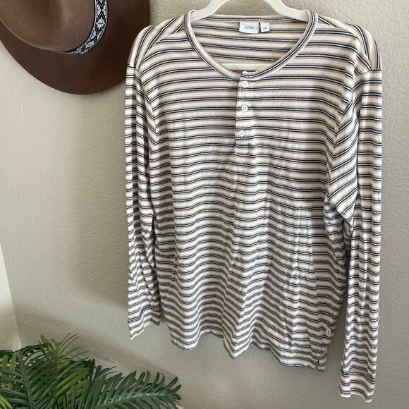 Onia Neutral Striped Long Sleeve Button Henley T-Shirt Top Shirt Minimalist - Picture 1 of 8